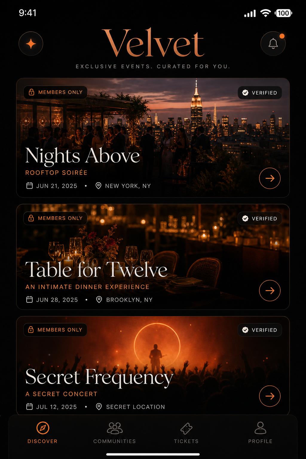 Discover — Velvet app screen