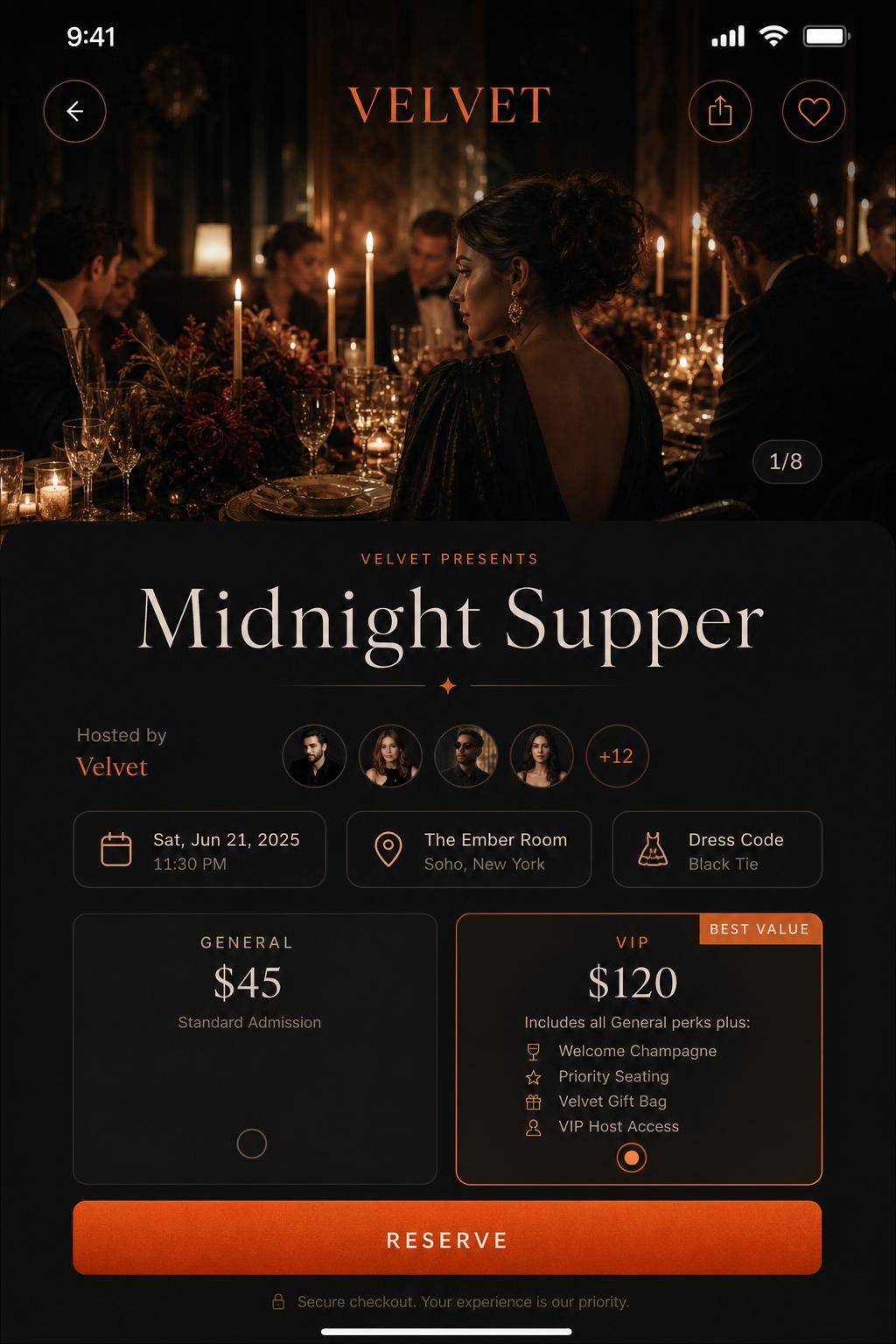 Reserve — Velvet app screen