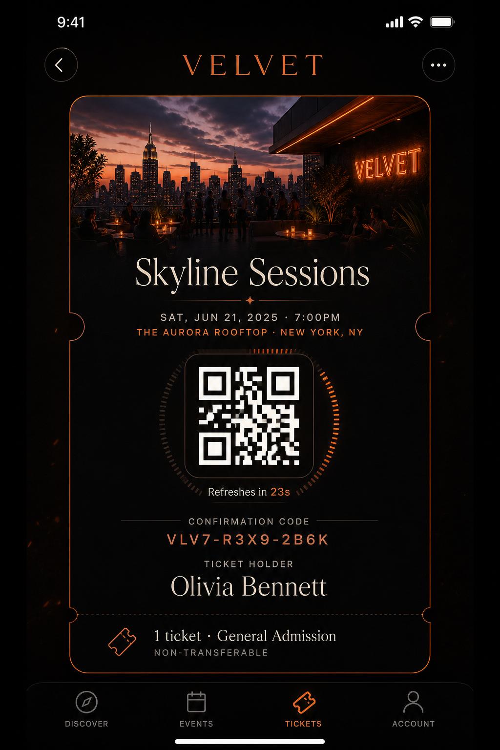 Live ticket — Velvet app screen